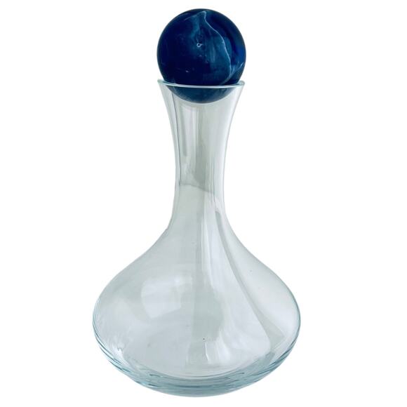 VTG Glass Wine DECANTER & MARBLE BALL STOP 8" Tall Clear Glass Blue Stone Ball - Picture 7 of 8